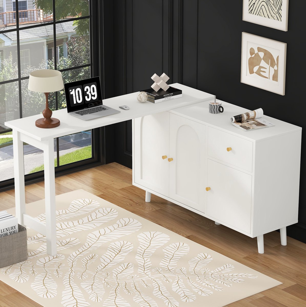 FloraGrace Bureau - 2 In 1 Draaibaar Ontwerp Met Opbergruimte - Hoekbureau En Sideboard Voor Woonkamer Of Kantoor - Spaanplaat - 120x40x74,5 Cm - Wit