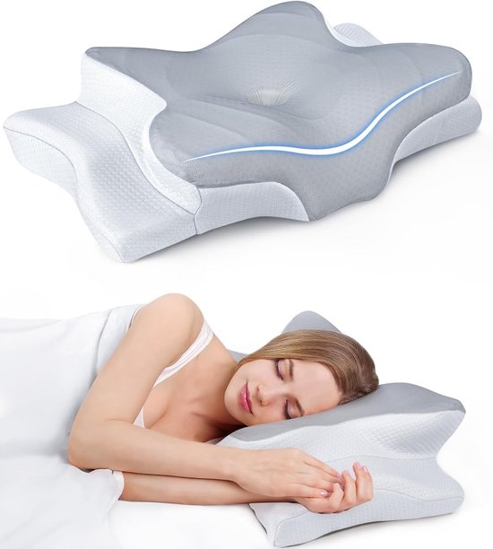 Grijs ergonomisch kussen met stervormig ontwerp. Een vrouw slaapt vredig op het kussen.