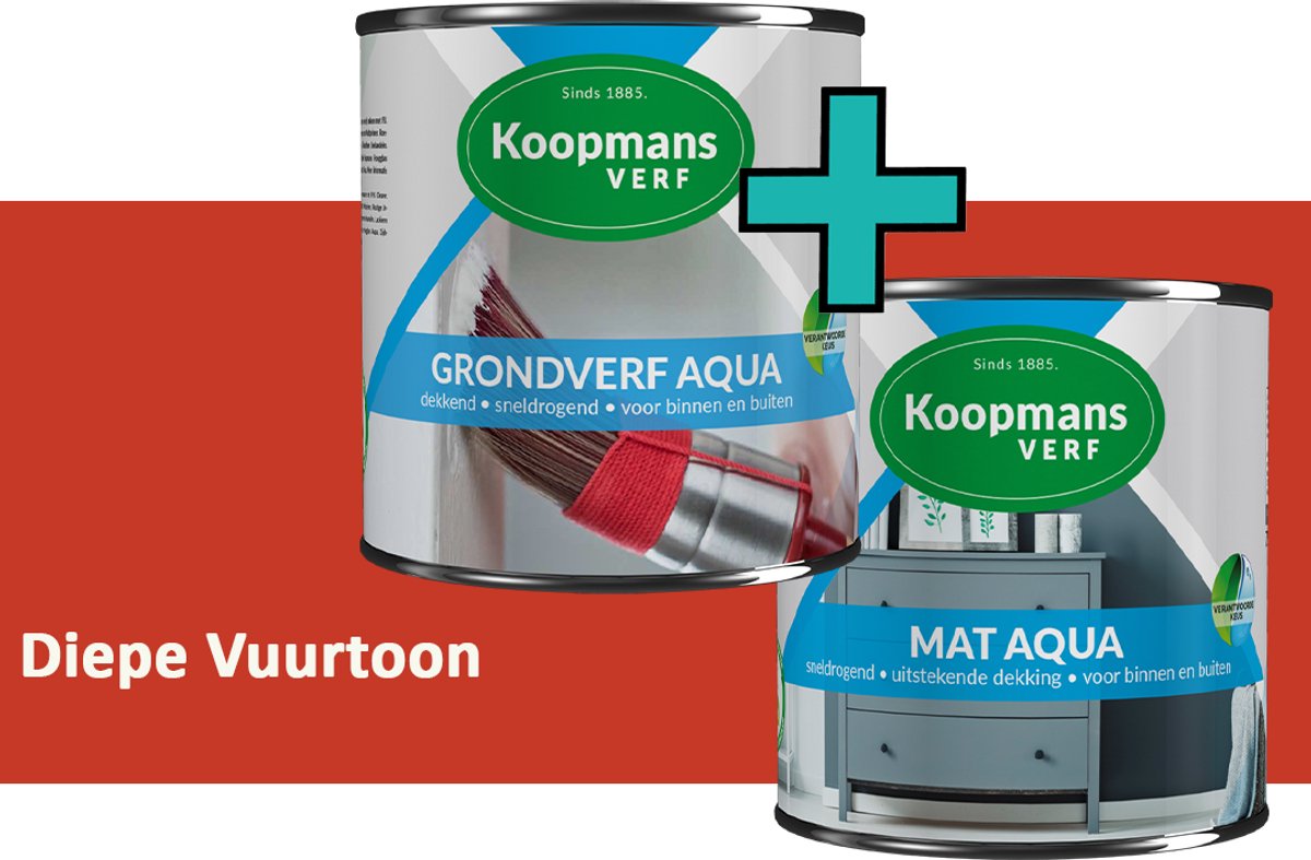 Koopmans Grondverf Aqua en Mat Aqua - grondverf en lakverf set - Diepe Vuurtoon - 2x - 2,5 l