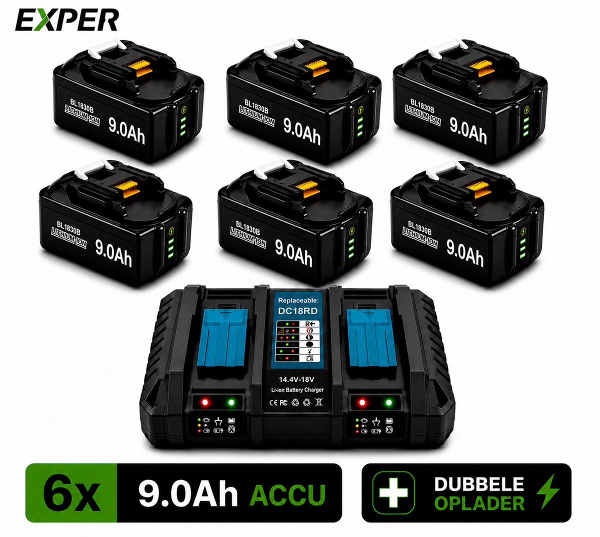 EXPER 18V Accu geschikt voor Makita - 6 Stuks - Extra Duo snellader LXT DC18RD - 18V 9.0Ah Batterij - Vervangende Accu - 9000mAh - LED display - Li-ion Accu - LED Display - Accuboormachine - 18V BL1830B BL1860B BL1840B BL1815 LXT-400 BL1850B