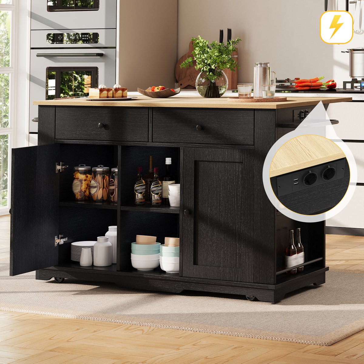 MEUNIQ keukeneiland met wielen 151,5 x 84,7 x 91,7 cm, keukenwagen met stekkerdoos, opklapbaar blad, 2 lades en 6 vakken, keukenkast voor keuken, zwart