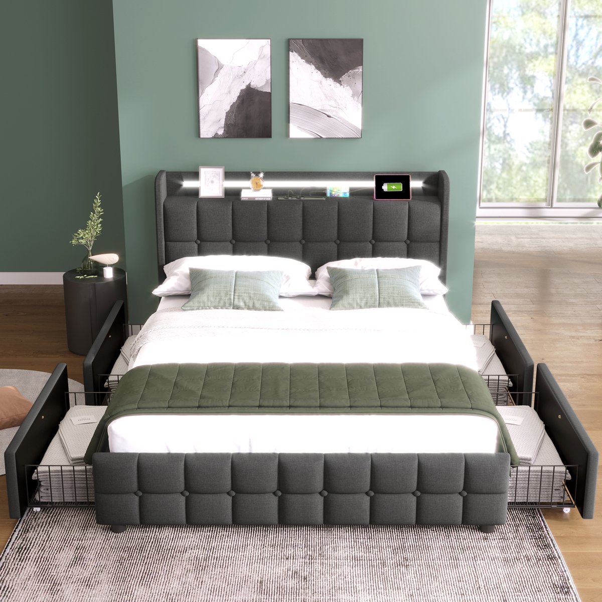 VVBV Bed met opbergruimte 140x200 / Gestoffeerd bed 140x200 / Tweepersoonsbed 140x200 – met Lades, LED-Verlichting, USB, Stopcontact, Lattenbodem – 4 Lades Grey