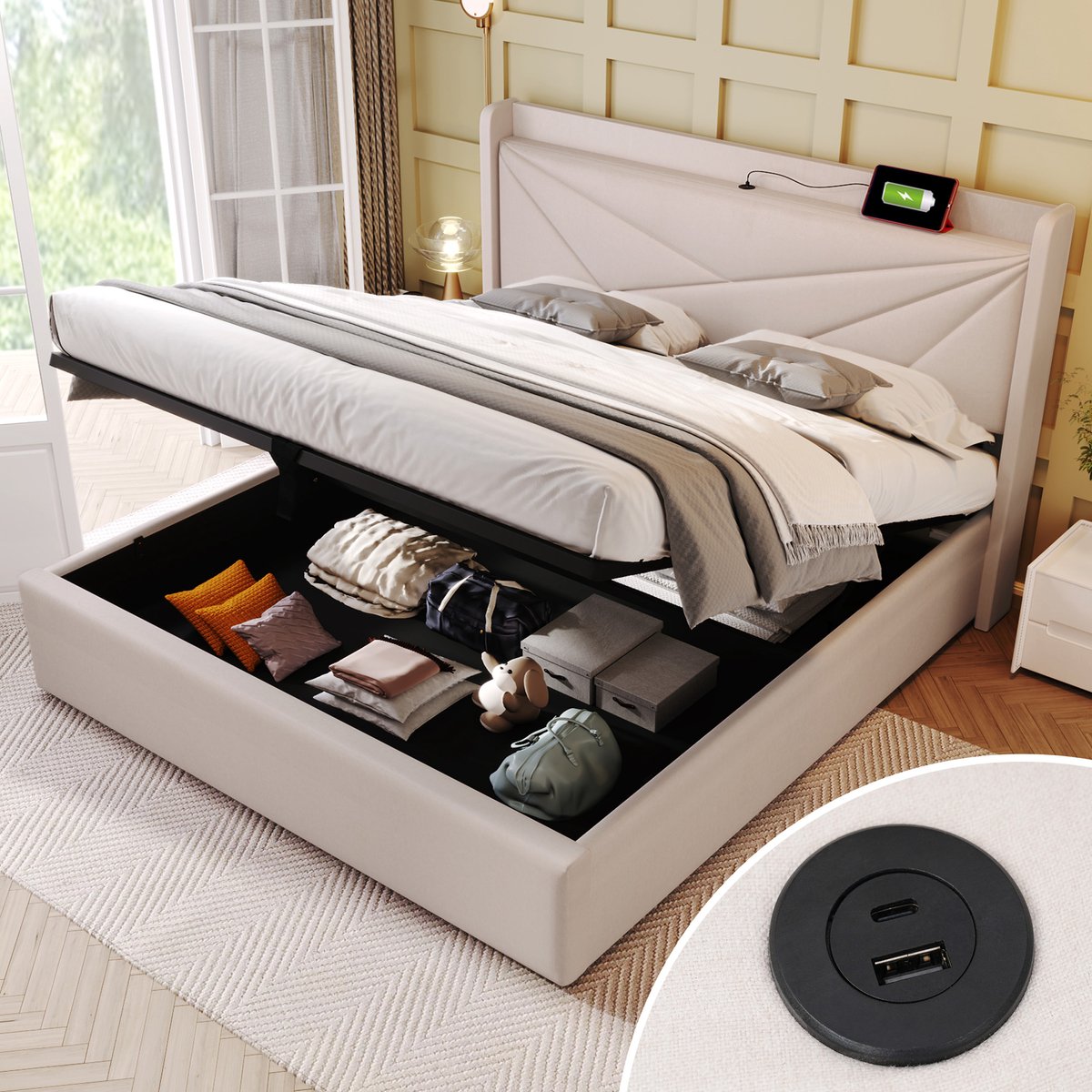 VVBV Bed met opbergruimte 180x200 / Gestoffeerd bed 180x200 / Tweepersoonsbed 180x200 – met USB, USB-C, Lattenbodem – Hoofdbord – Tienerbed – Linnen, Beige