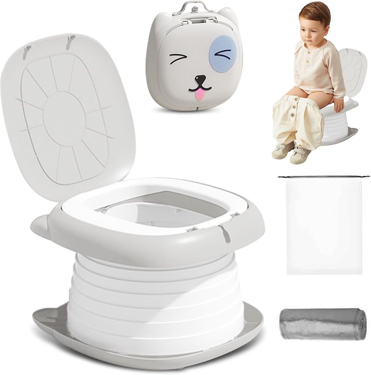 Opvouwbaar kinderpotje - Draagbaar autotoilet - Noodpotje voor baby's tijdens kamperen en reizen - Uitschuifbaar buitenpotje - Draagvermogen tot 70 kg - Inclusief vuilniszakken