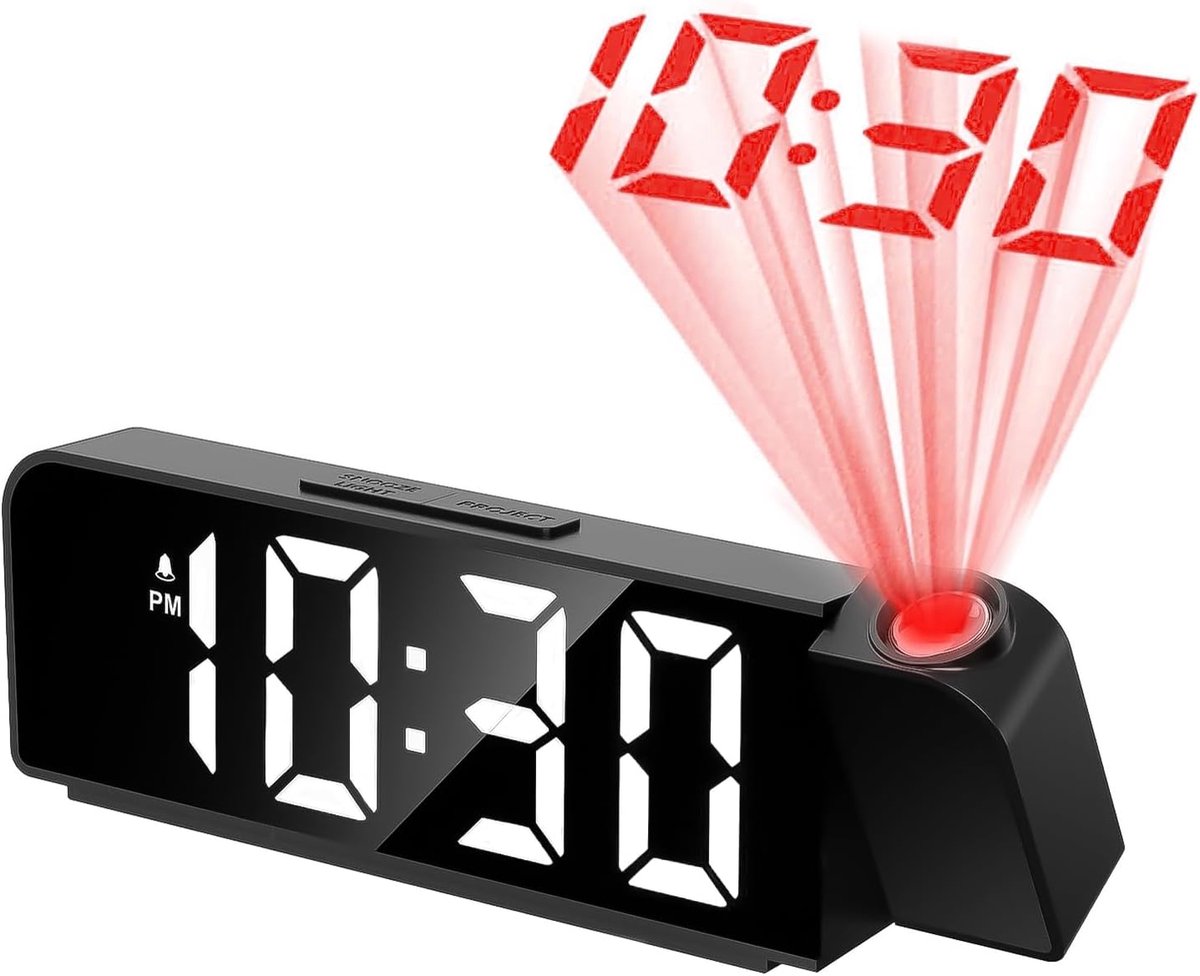SnelShoppen - Probuk Projectiewekker voor Slaapkamer, Digitale Wekker met 180 Graden Projectie, Projectieklok met Temperatuur en LED-Scherm voor Thuis
