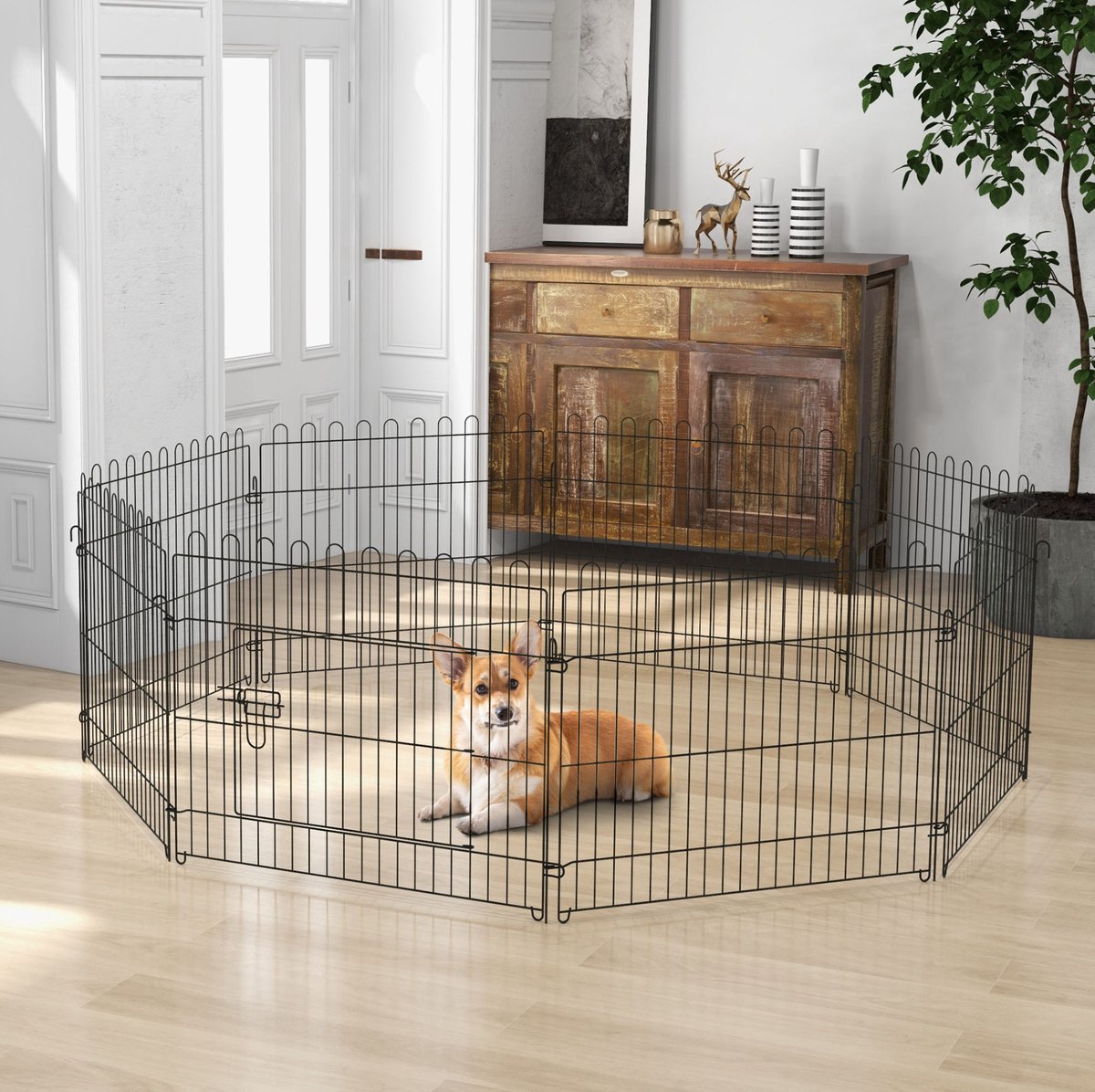 REDOM- Puppyren - Met deur en slot - Modulaire metalen panelen - Voor binnen en buiten - Zwart - 180 x 180 x 61 cm - 8 grondankers