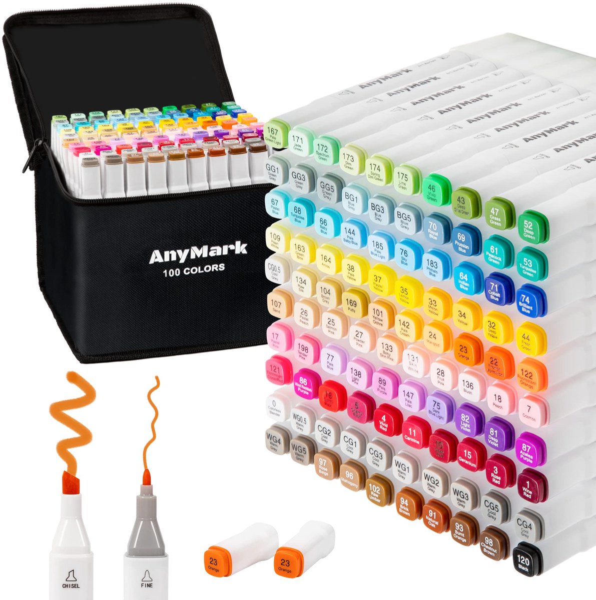 SnelShoppen - AnyMark 100 Kleuren Alcohol Markers - Beitel & Fijne Punt - Alcoholmarkers voor Illustraties, Tekeningen, Kleuren, Creatief, Kunst, Hobb