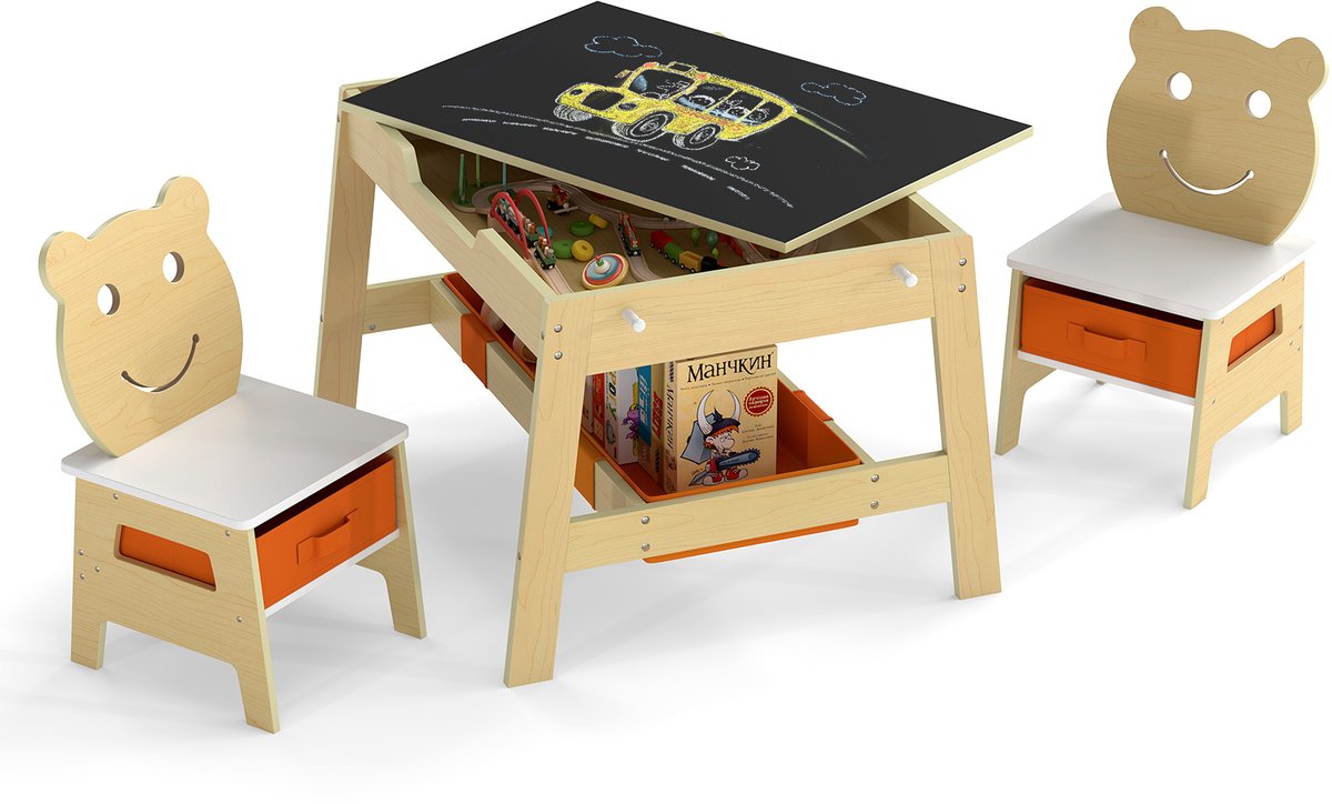 COSTWAY Kindertafel met 2 berenstoelen, 5-in-1 tafel met draaibaar bord, whiteboard, 4 haken en stoffen opbergvak, kinderstoelgroep met opbergruimte voor kinderen vanaf 3 jaar (natuurlijk)