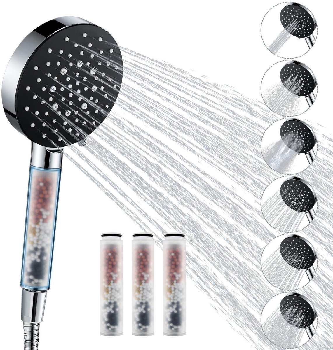 Auralum Max Douchekop met Filter - Hoge Druk Handdouche - 6 Sproeistanden - Luxe Moderne Handdouche - inclusief 4 Vervangingsfilters - 1,5 m Slang - Waterbesparende - Chrome/Zwart