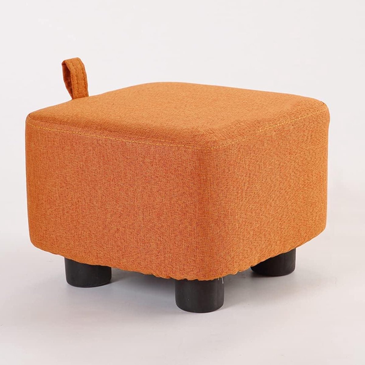 Houten Voetenbank - Poef Kruk - Voeten Rusten - Zachte Linnen Bekleding - 28x28x20 cm - Oranje