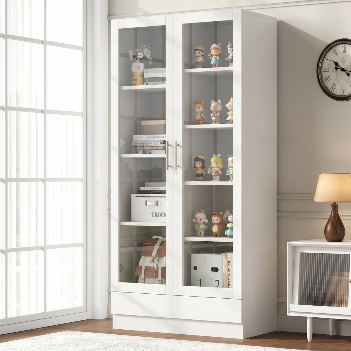 Wishdor - Glazen opbergkast - 2 lades en dubbele deuren - moderne hoge archiefkast voor woonkamer of kantoor - houtlook en glas - wit - 80 x 40 x 160 cm