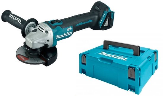 Makita haakse slijper DGA504ZJ met een blauwe en zwarte body, een 125 mm schijf en een blauwe Makita koffer.