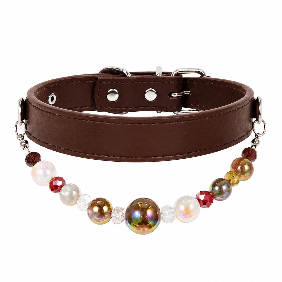 Ryoudavell - Hondenhalsband met Parels - Verstelbare Leren Hondenketting voor Kleine en Middelgrote Honden - Huisdier Accessoires & Verzorging - Honden Sieraad - Koffiebruin(M)