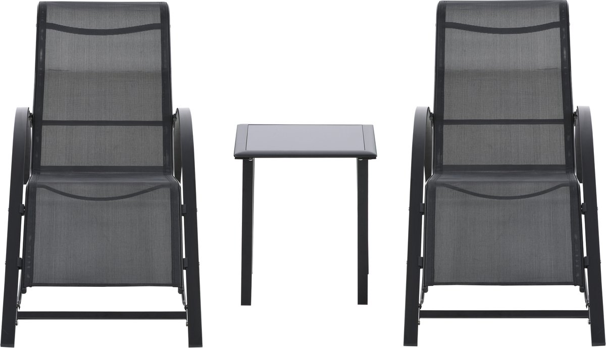Set van 2 zonnebaden, ligstoel, modern design, salontafel, dienblad, gehard glas, metaal, epoxy, textileen, zwart