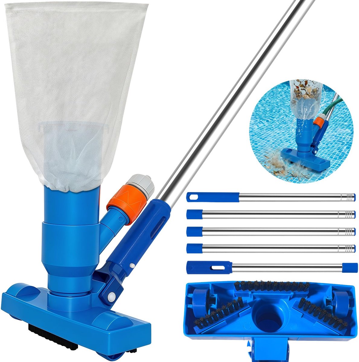 SnelShoppen - Poolsauger Bodemsauger met 190 cm telescopische stang, Draagbare Vacuümsauger voor Zwembad, Vijver, Whirlpool en Bad met Borstel - Perfe