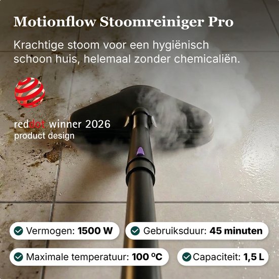Motionflow Stoomreiniger Pro met 1500W vermogen, 45 minuten gebruiksduur en 100°C maximale temperatuur, 1.5L capaciteit.