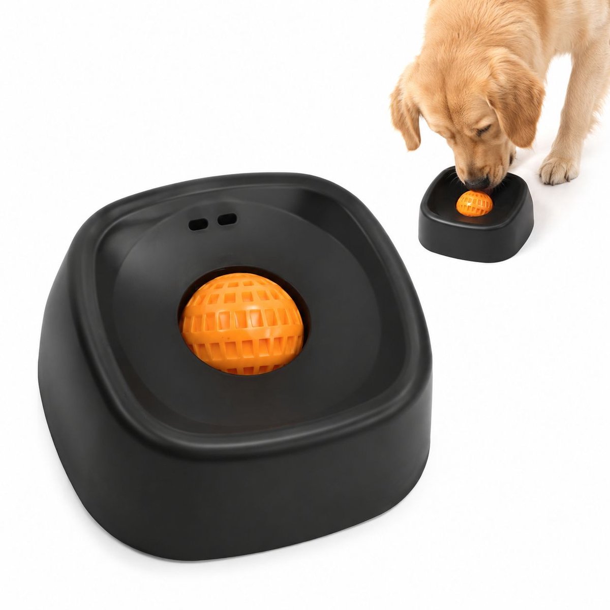 VHV-Voerbak voor Huisdieren - Zwarte Slow Feeder Met Oranje Bal - Anti-Schrok Voerbak en Intelligent Interactief Voerspeelgoed voor Hond en Kat - Zwart