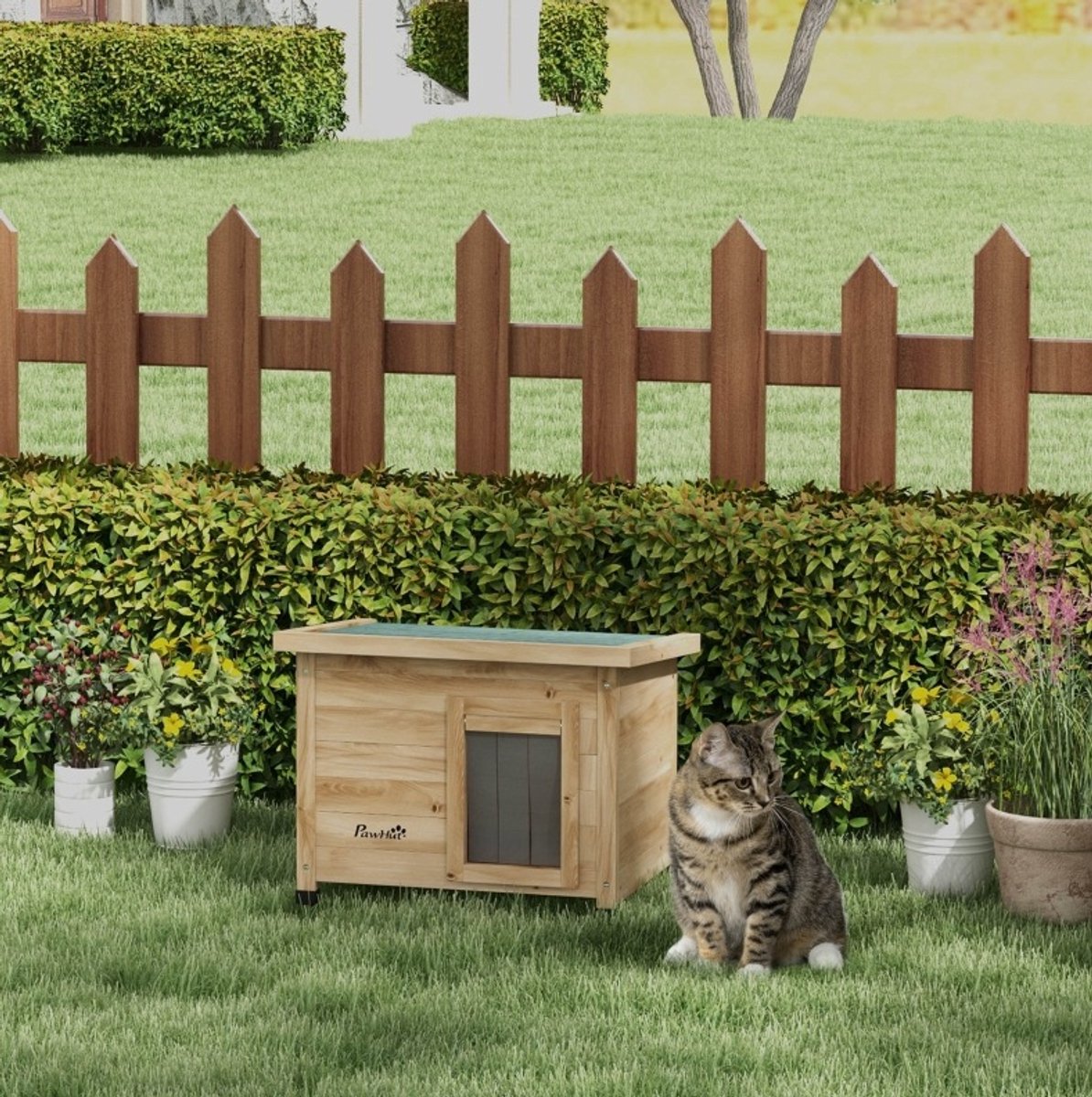 REDOM - Dierenhuis - Kattenhuis voor buiten - Weerbestendig - Met raam en deurtje - Houten constructie - Naturel - 57 x 45 x 43 cm