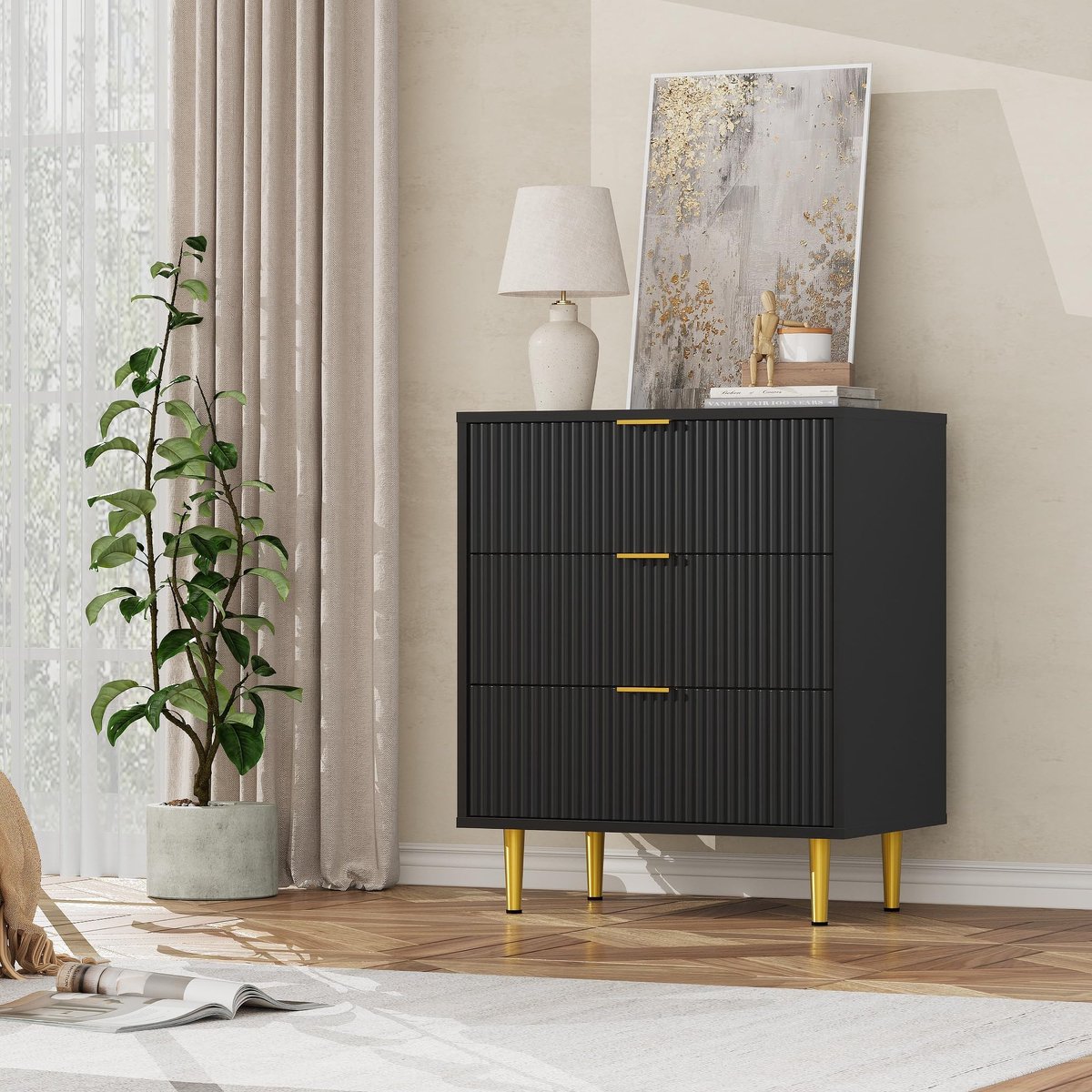 Smalle ladenkast met 3 laden, 60×40×75 cm – geribbeld golvend front, goudkleurige metalen handgrepen en poten, inclusief kantelbeveiliging, geschikt voor slaapkamer, woonkamer en gang