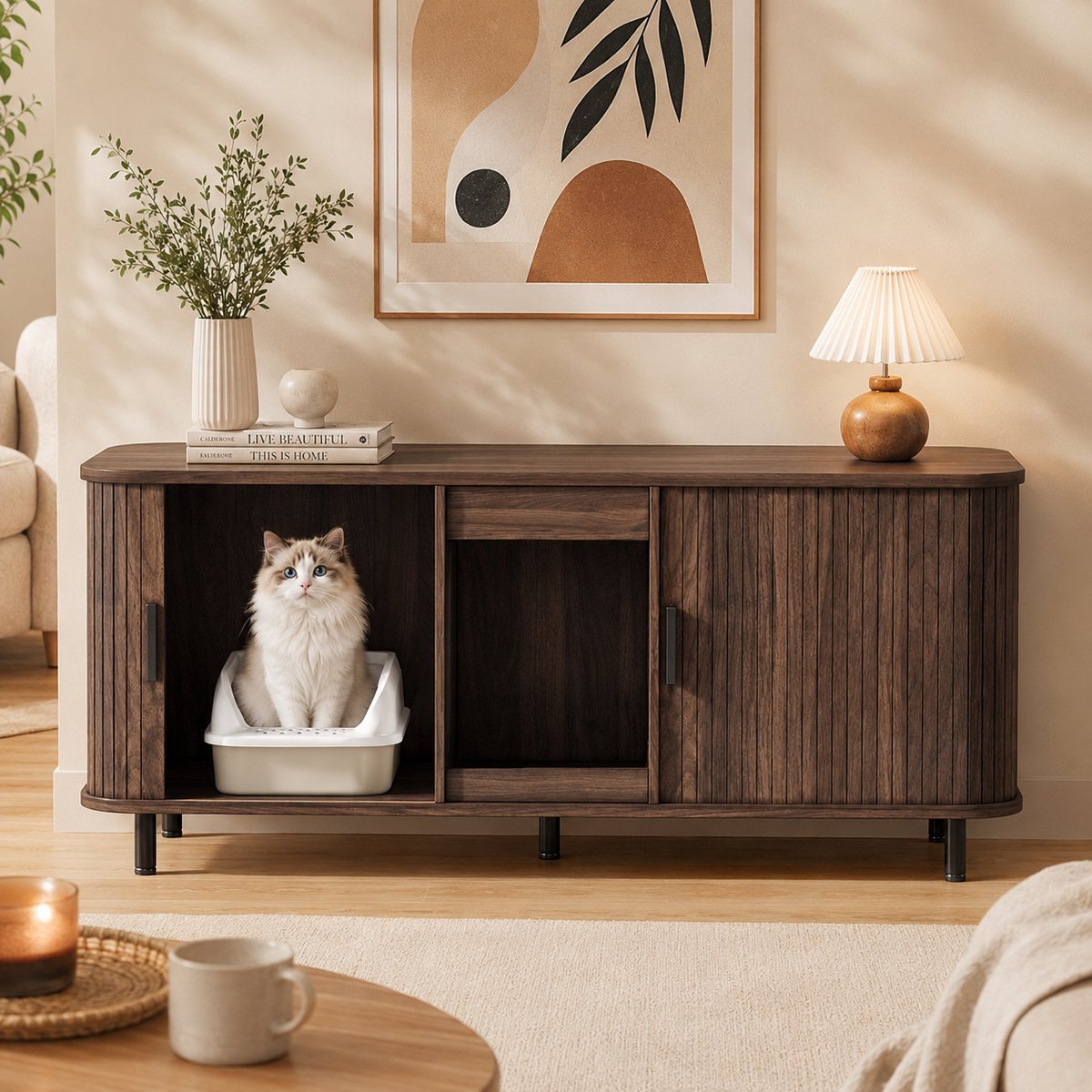 Kattenbak kast - 2-in-1 Kast - Kattenbak huis - Kattenhok - Schuifdeur - Dierenkast - Bijzettafel/tv-meubel - Ontwerp met dubbele deur - 140x50x60 cm - Biedt plaats aan twee kattenbakken - Walnoothoutkleur