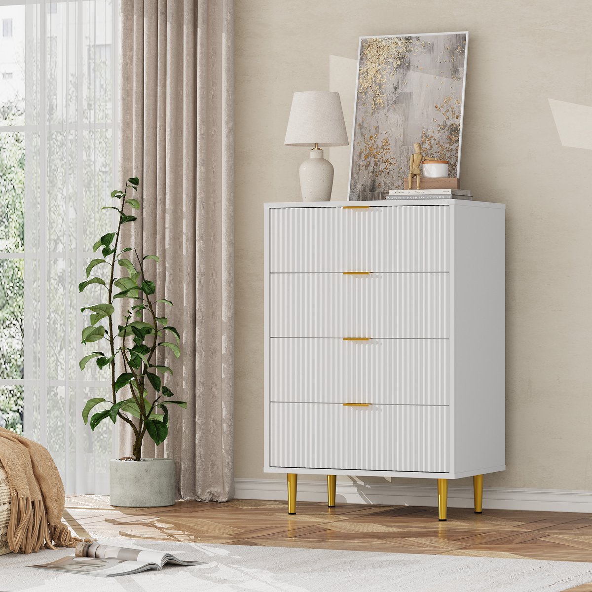 Smalle ladenkast met 4 laden, 60×40×94 cm – geribbeld golvend front, goudkleurige metalen handgrepen en poten, inclusief kantelbeveiliging, geschikt voor slaapkamer, woonkamer en gang