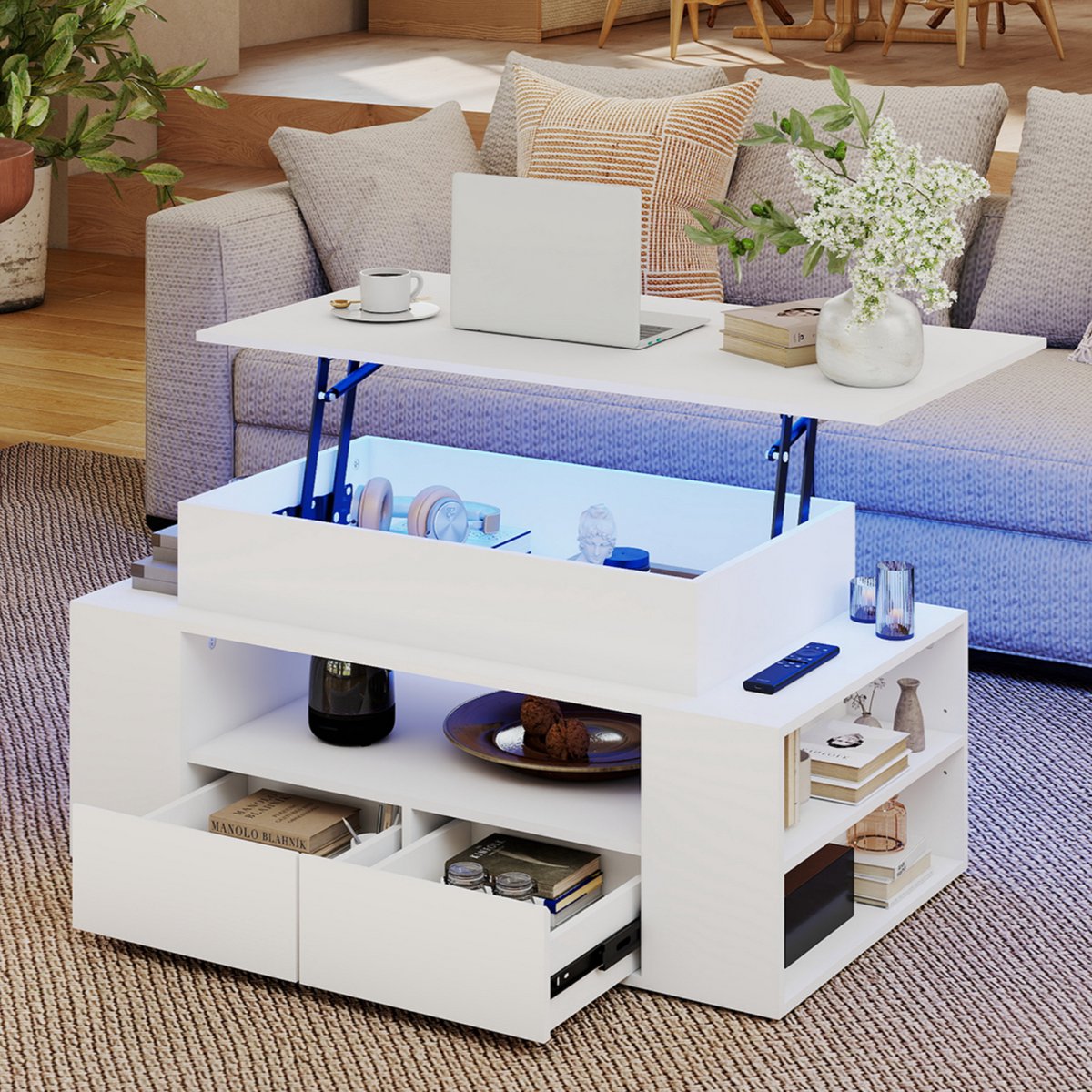 Puluomis - Salontafel Koffietafel - Met LED Verlichting En 2 Lades - Verstelbaar bureaublad - Woonkamer Tafel - 92x50x56 cm - Wit