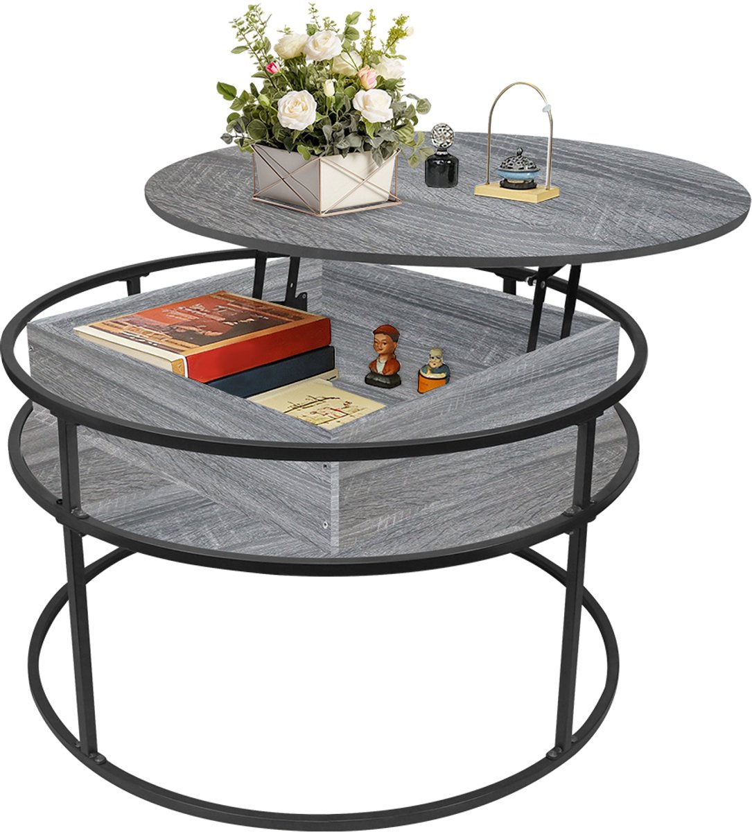 PIPIPOXER-Salontafel –Salontafel in hoogte verstelbaar - woonkamertafel met hefplaat - Salontafel rond - Table basse de salon - Kleine Tafel - Salontafels - Diameter 80 x 80 cm - Donkergrijs