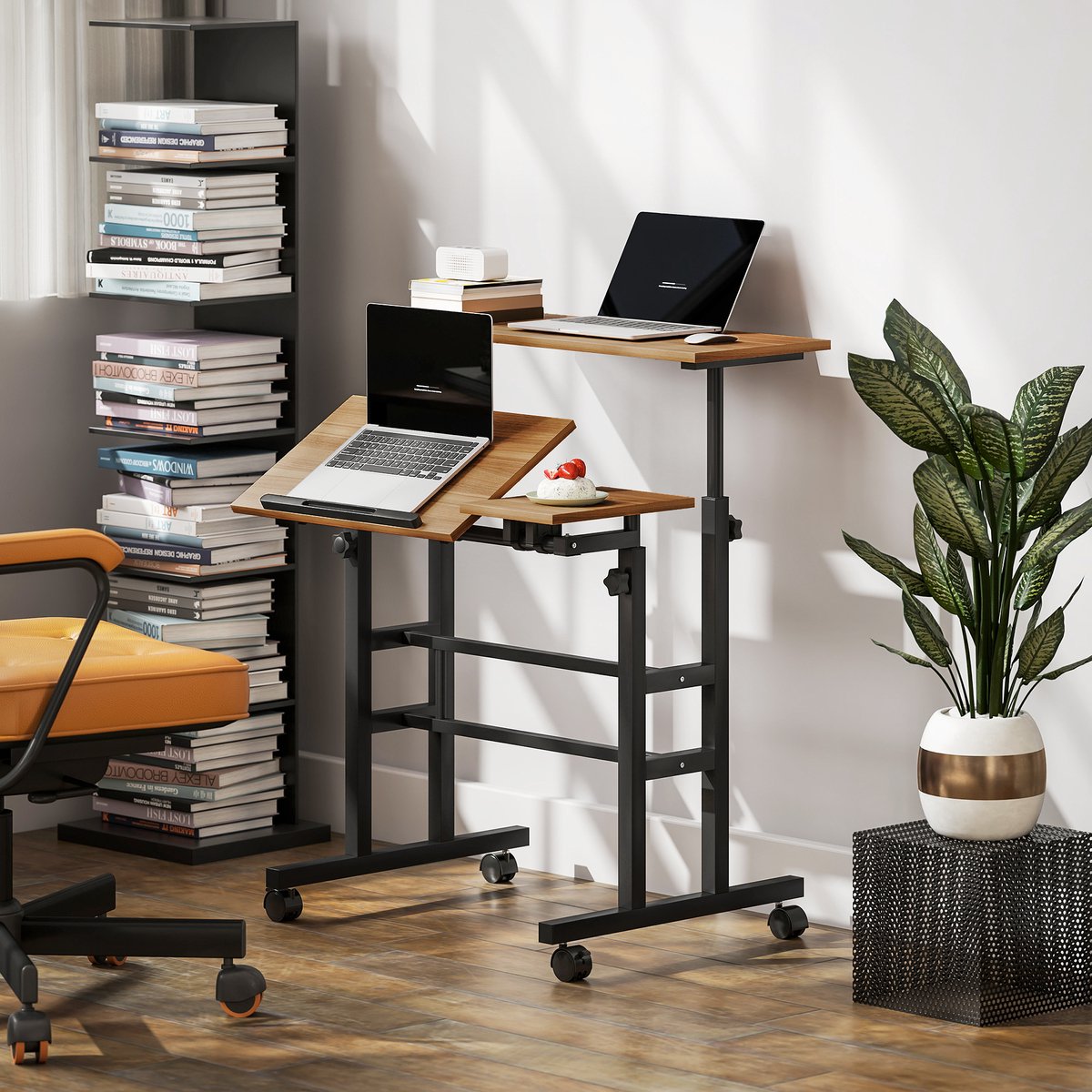 In hoogte verstelbaar zit-sta bureau 70 x 60 cm met wielen, kantelbaar blad, bruin metalen frame thumbnail 4