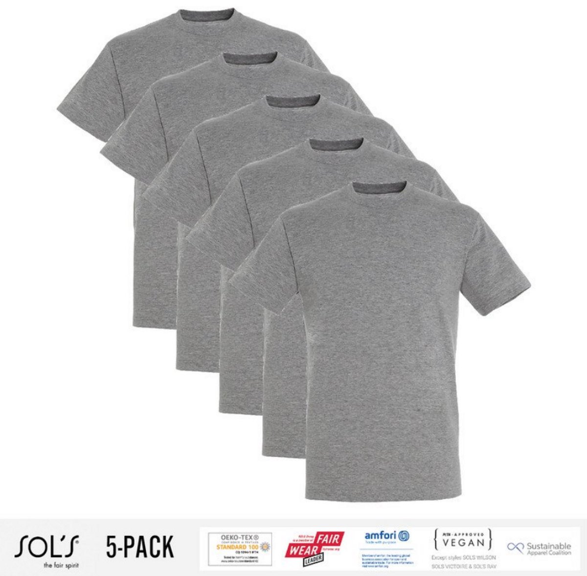 5 Pack Sol's Heren T-Shirt 100% biologisch katoen Ronde hals Grg Maat M