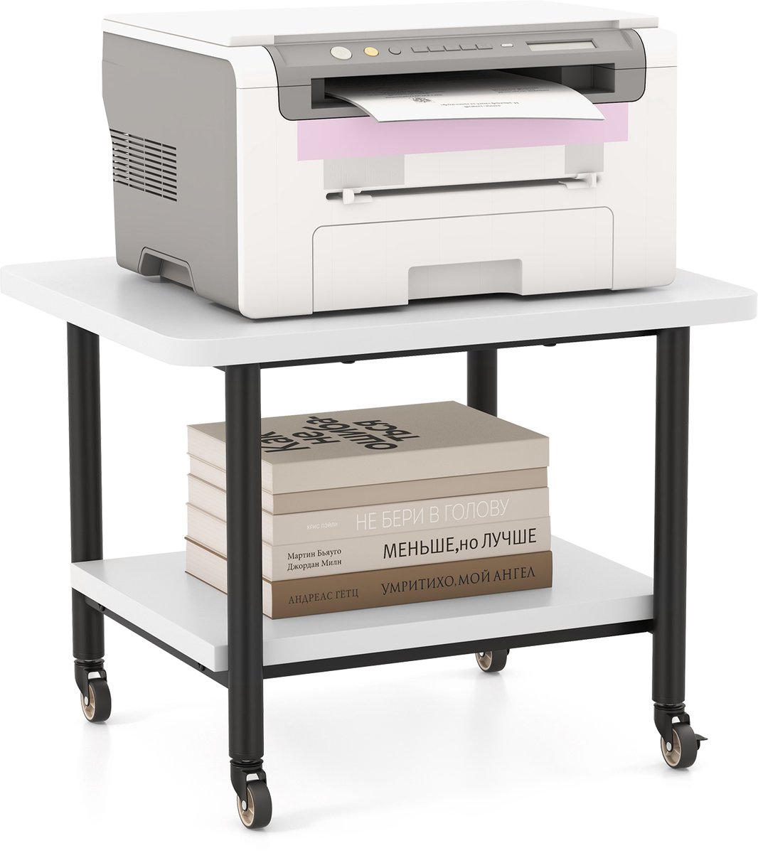 COSTWAY Printerstandaard rolbaar, bureaucontainer multifunctionele wagen printerplank, printtafel 2 niveaus (wit)