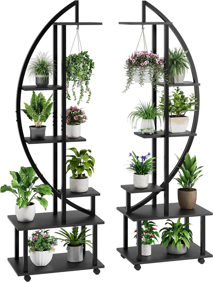 Plantenstandaard Set van 2 - Halve Maan Plantenrek op Wielen - 6 Niveaus Bloemenrek met Haken - Verrijdbaar & Industrieel - Voor Binnen en Balkon - Zwart - 110 x 30 x 176 cm