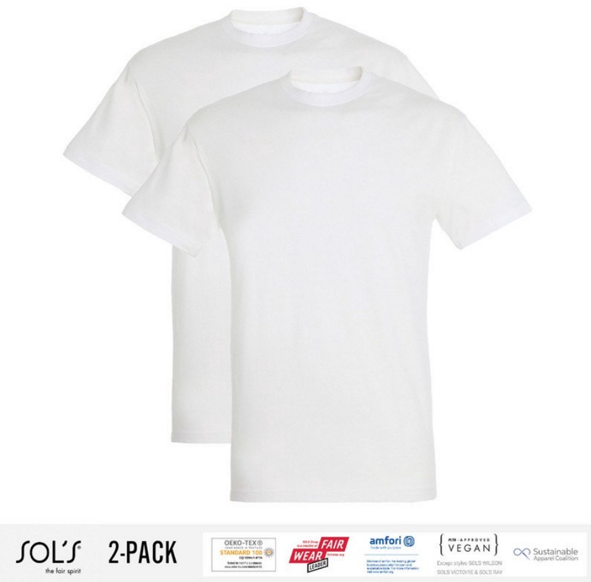 2 Pack Sol's Heren T-Shirt 100% biologisch katoen Ronde hals wit Maat L