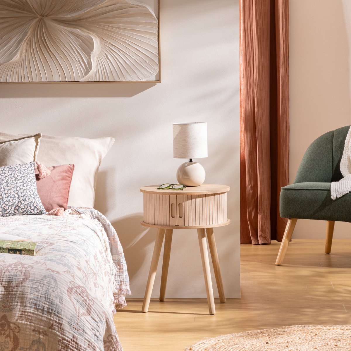 Atmosphera Nysos Nachtkastje met 2 deuren - Ø40xH54cm - Beige