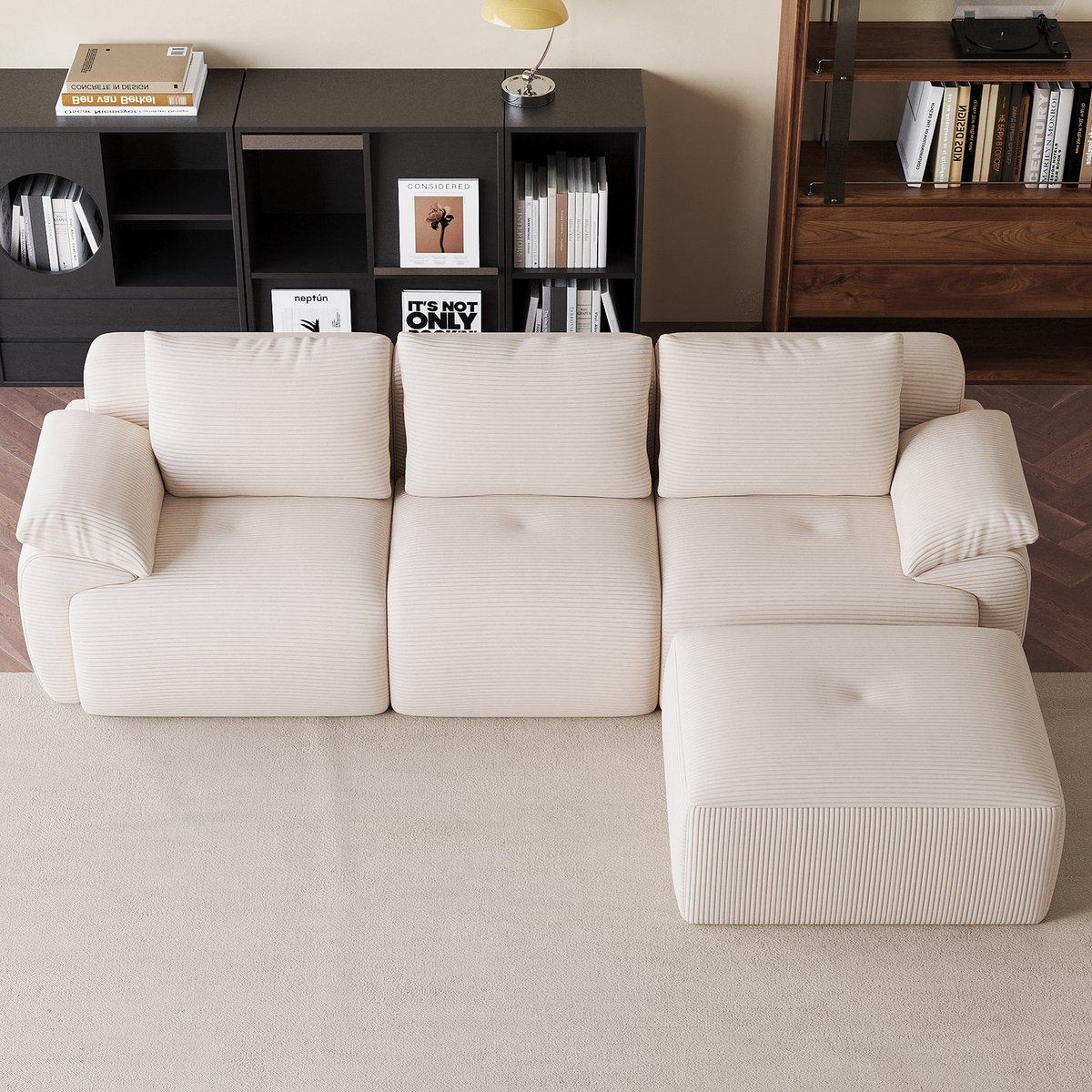 Modulaire Hoekbank Beige met Slaapfunctie – Ribcord Bank 3 Zits + Verplaatsbare Hocker – Luxe Lounge Bank zonder Montage