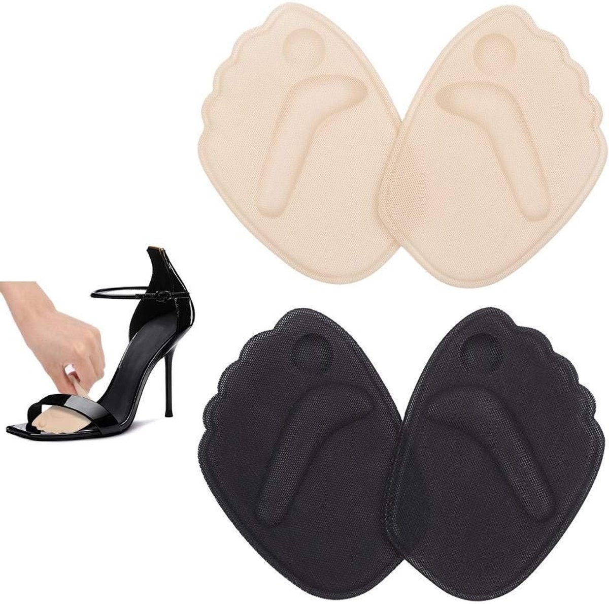 Comfortabele Hielinlegzolen met Voorvoetkussen en Pijnverlichting voor Dames - 2 Paar in Huidkleur/Zwart, Ideaal voor Hakken en Lange Dagen