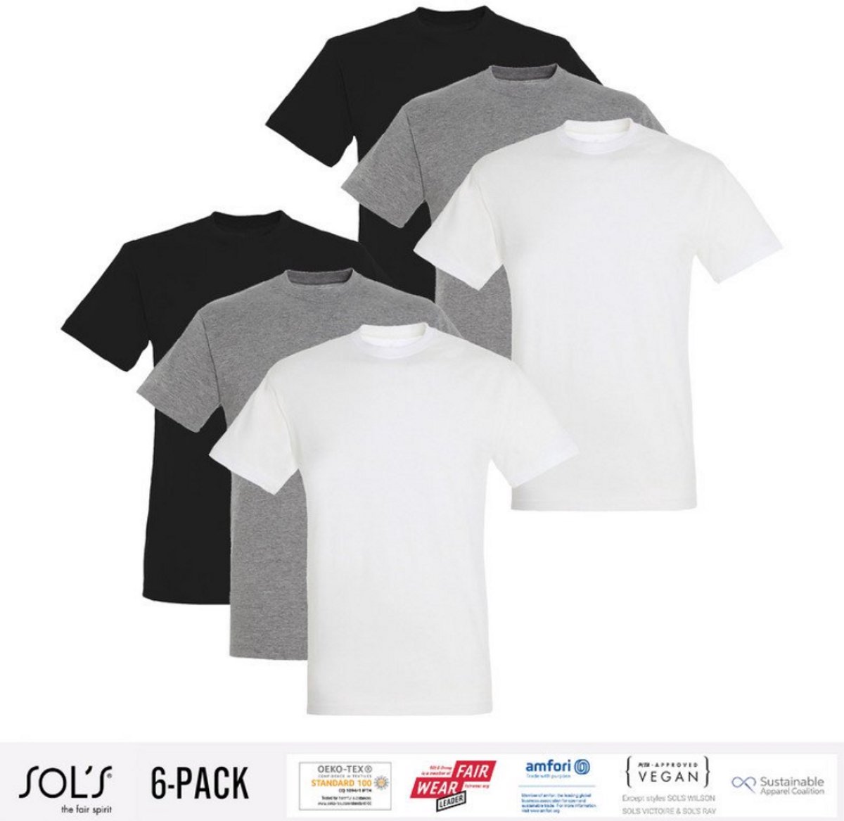 6 Pack Sol's Heren T-Shirt 100% biologisch katoen Ronde hals Zwart, Grijs en Wit Maat M
