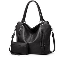 TANTOMI Dames Tassen – Handtas en Schoudertas met Kleine Portemonnee – 2-delige Set – Grote Shopper – Tote Bag – Ruime Capaciteit – Tijdloos Vintage Design – Synthetisch Leer - Zwart