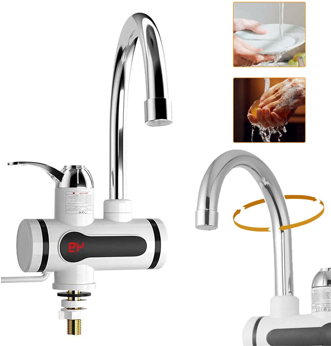 Elektrische Waterkraan Met 360° Draaibare Kop En Lekbeveiliging, Keramische Ventielkern Warm En Koud - 3000W Direct Warm Instelbaar Van 30-60°C één Gat - Wit
