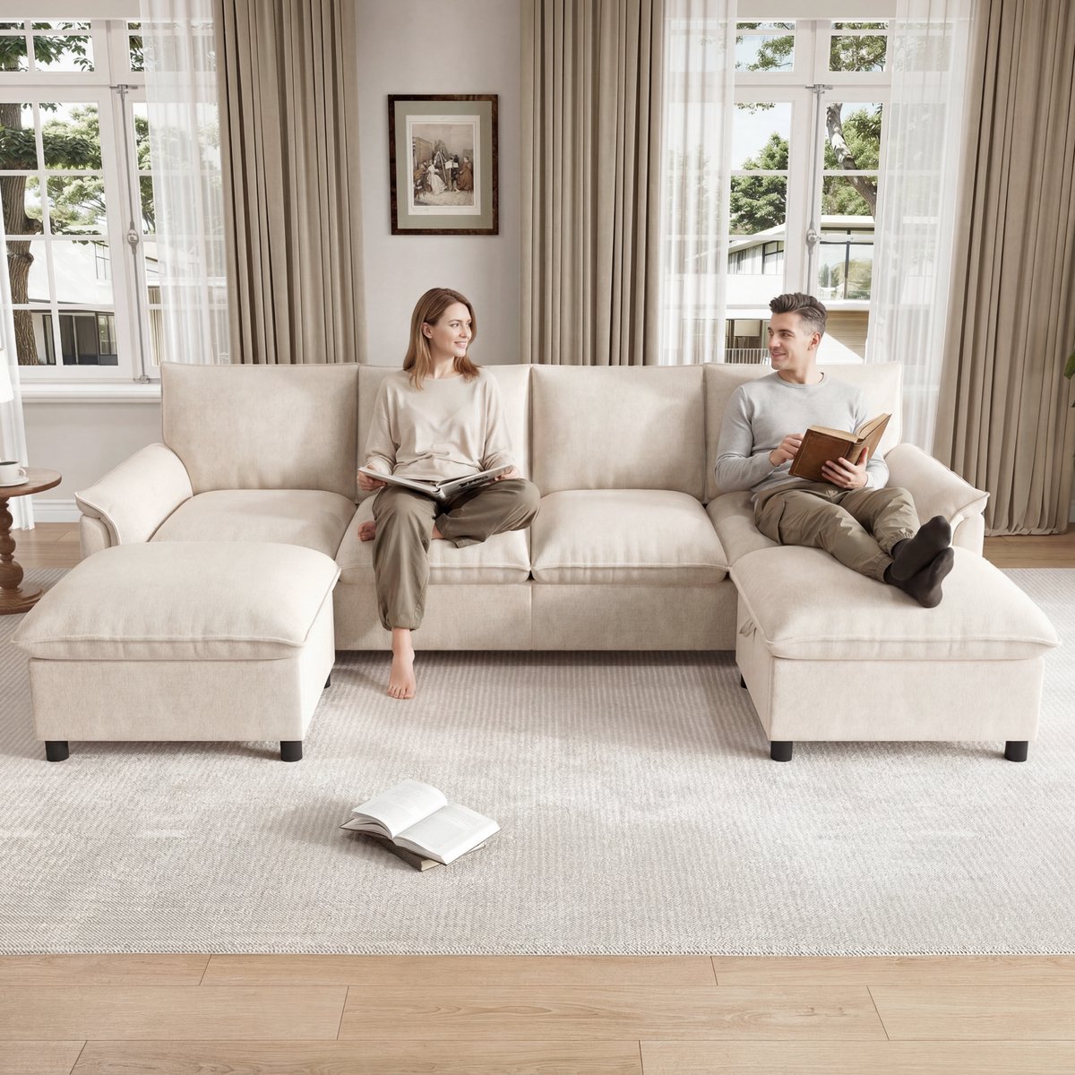 U-vormige modulaire Cloud-bank - hoekbank - met 2 verplaatsbare voetenbankjes - hoge rugleuning - beige