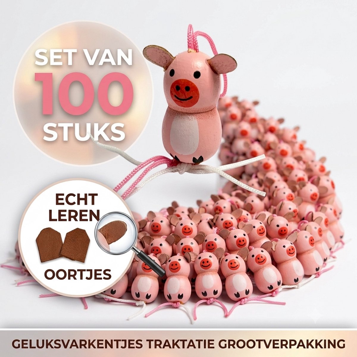 Maxenza Houten Gelukspoppetjes Varkentje met Leren Oortjes – 100 Stuks – Roze Houten Bedankjes & Geluksbrengers voor Traktatie, Bedankje, Cado & Knutselen