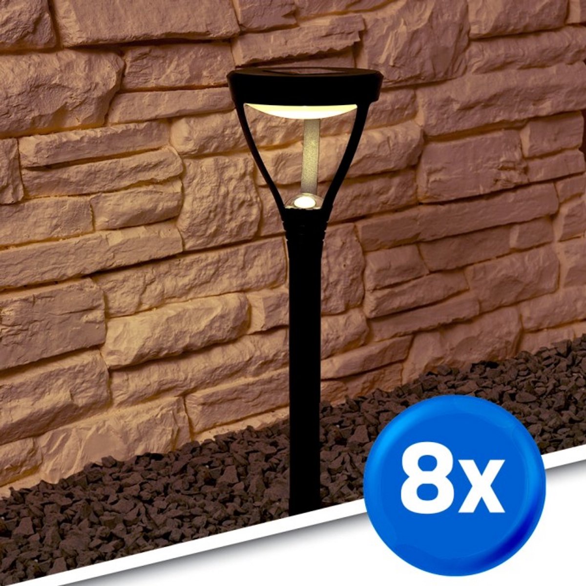 Solar tuinlamp prikspot 'Birdie' - Set van 8 - 45 cm hoog - Warm wit (3000K) - IP44 - Met schemersensor - Staande lamp op zonne-energie - Zwart