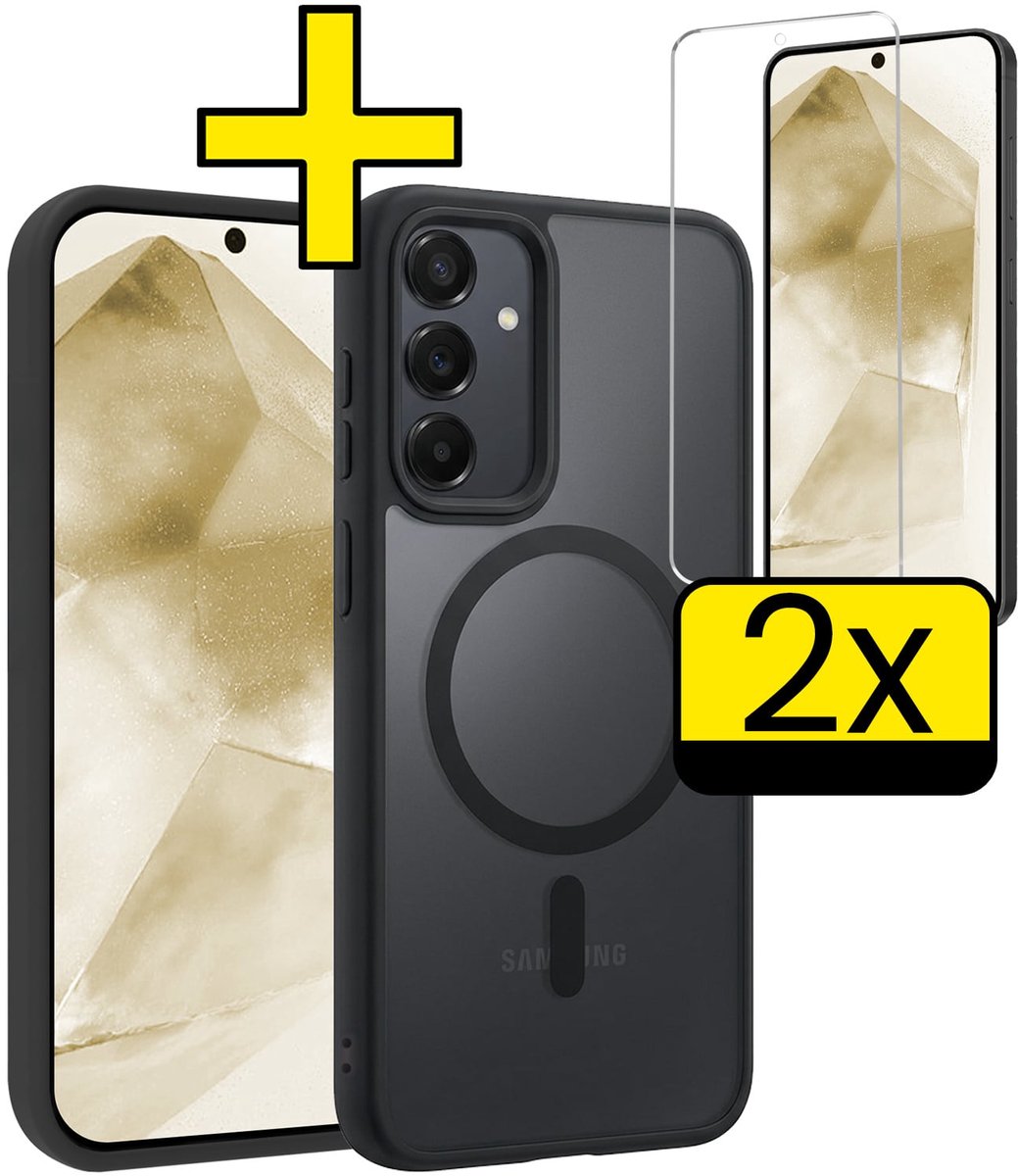 Hoesje - Met 2x Screenprotector - Geschikt voor Samsung Galaxy A55 - Magsafe Compatible - Sterk & Shockproof - Back Cover - Shock Proof Case - Telefoon Hoes - Telefoonhoesjes - Zwart