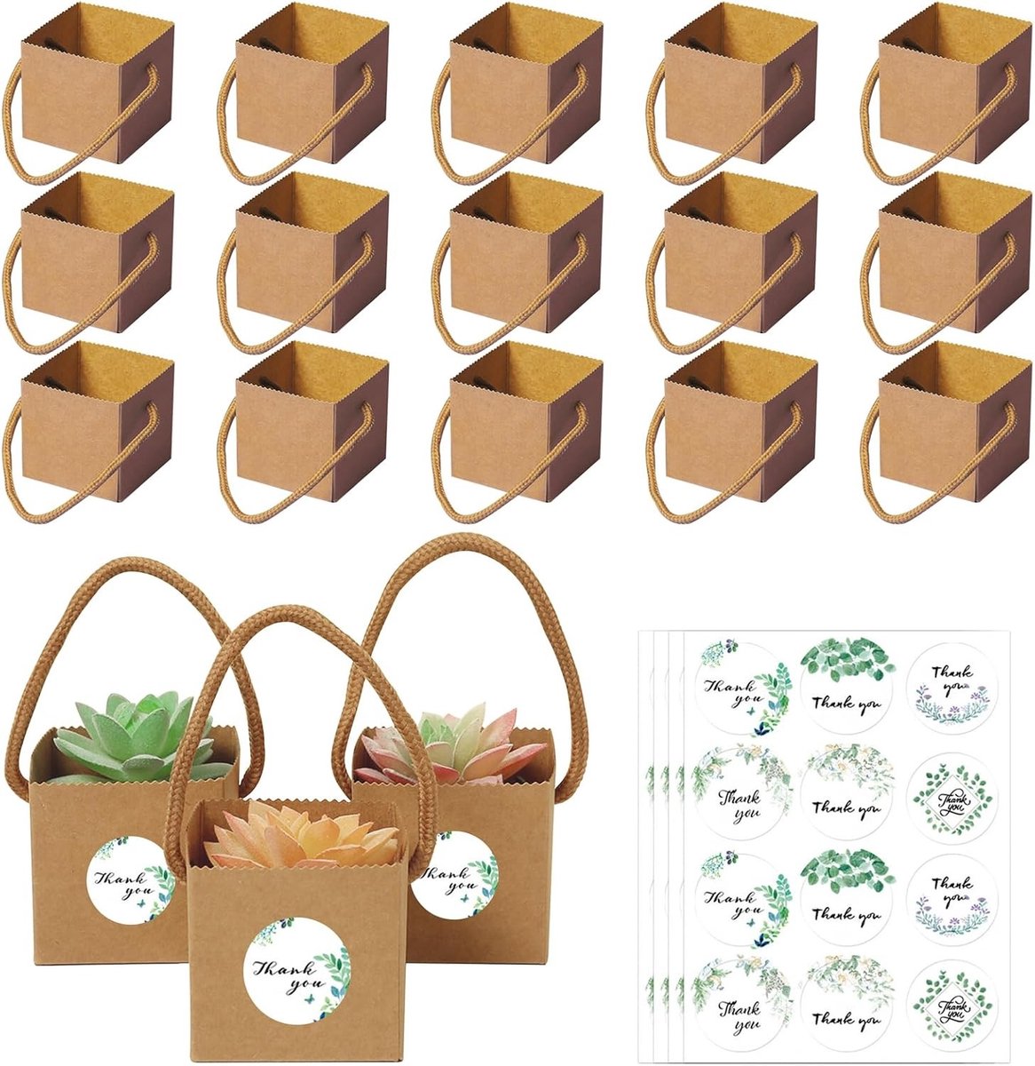 Set van 40 Kraft Papieren Tassen voor Succulenten - Cadeauverpakking voor Bruiloft, Verjaardag en Babyshower, 6.3 x 6.3 x 6.3 cm, Duurzaam en Milieuvriendelijk