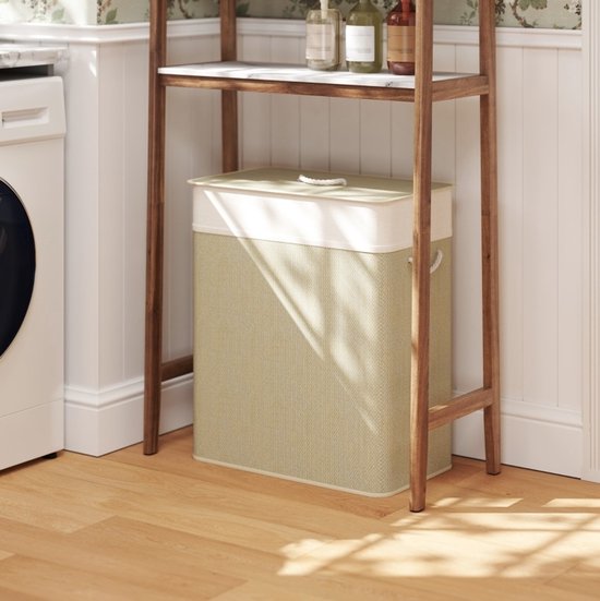 COVREO Wasmand 52x32x63 cm wit, bamboe 100 L met deksel en 2 vakken — afbeelding 5