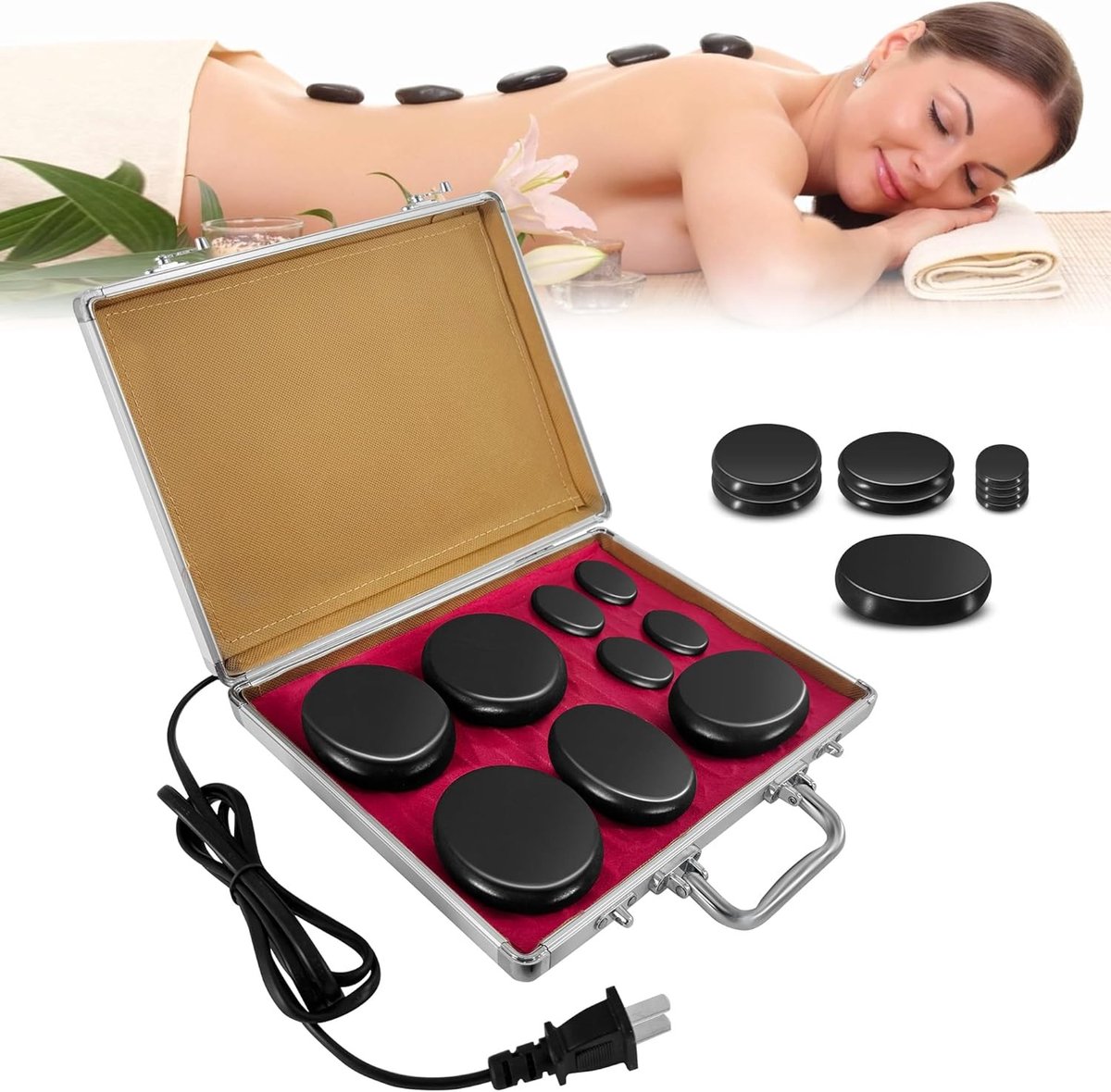 Complete Hot Stone Massage Set voor Ontspanning met Verhitting, Inclusief 9 Zwarte Massagestenen en Verwarmingsbox voor Thuisgebruik en Spa Behandelingen