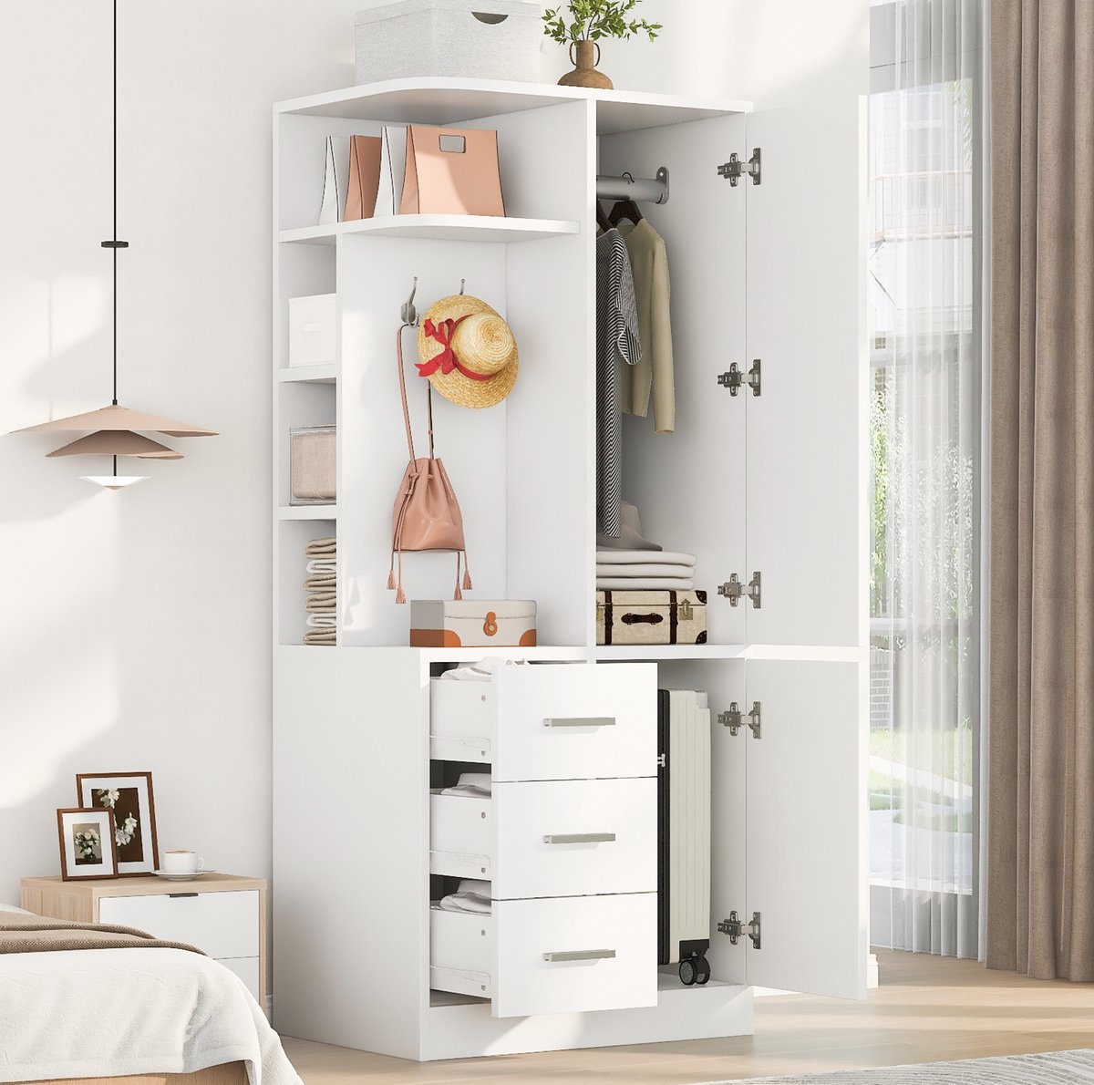 MIVRAY Kledingkast - 1 Deurs Met Hanggedeelte Lades En Legplanken - Voor Slaapkamer En Kinderkamer - Wit Hout - 70x50x170 Cm