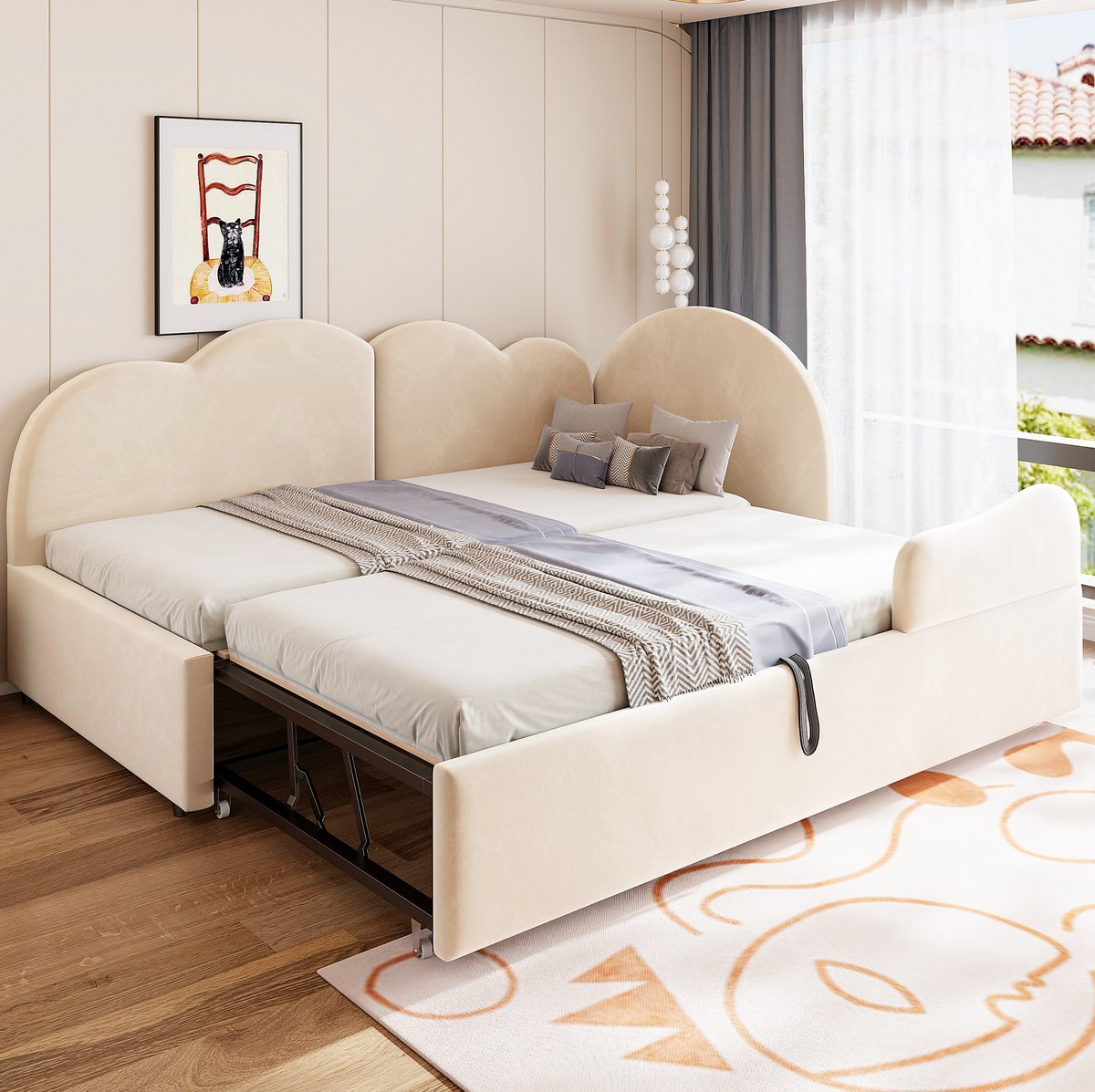 FloraGrace Slaapbank 90x200 cm - L-vorm Uitrekbaar Bed Met Bedlade en Wolkvormig Hoofdbord - Voor Kinderen en Gasten - Velours - Beige Zonder Matras