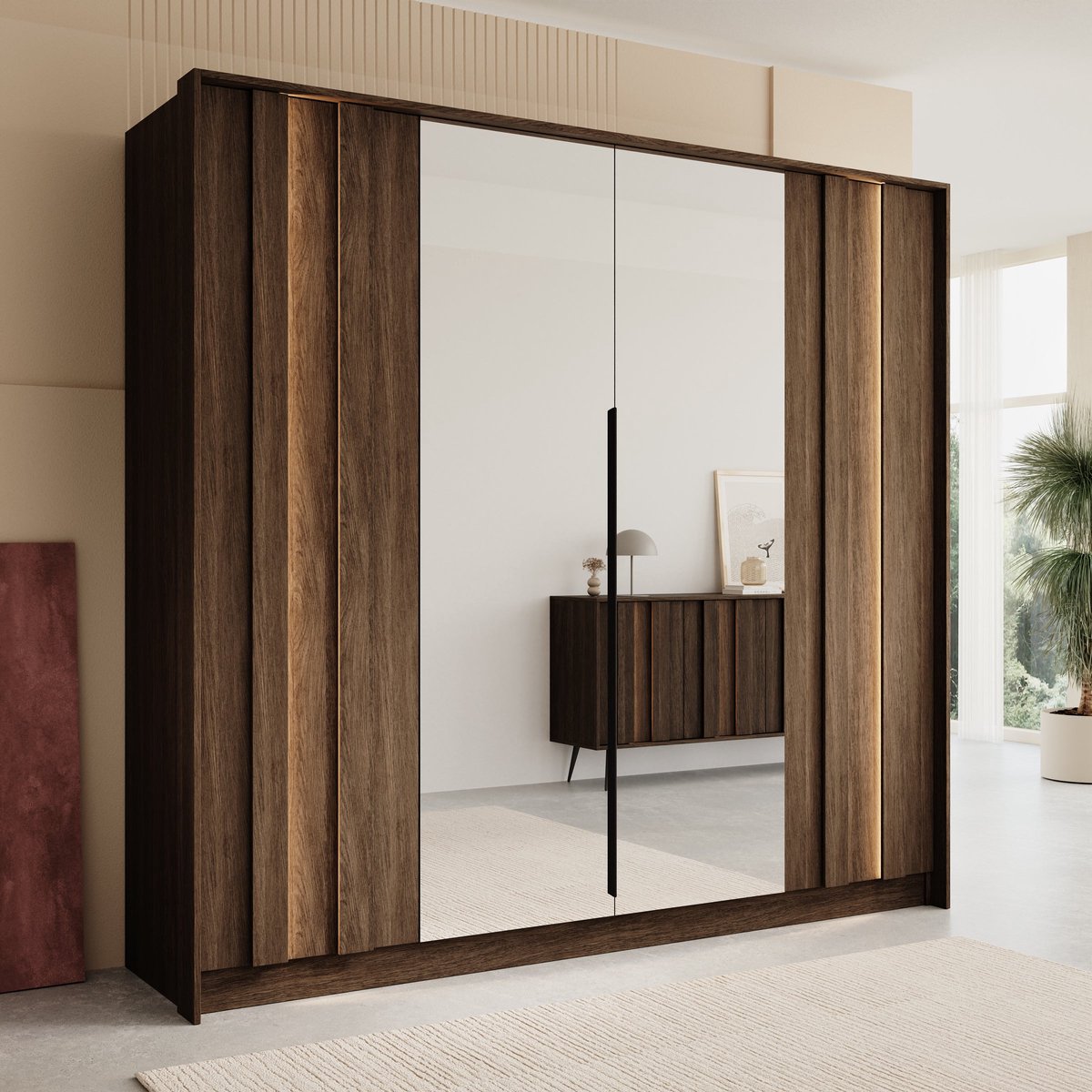 Meubella - Umbra - Kledingkast 4 deurs - Donker eiken - 223x60x210 cm