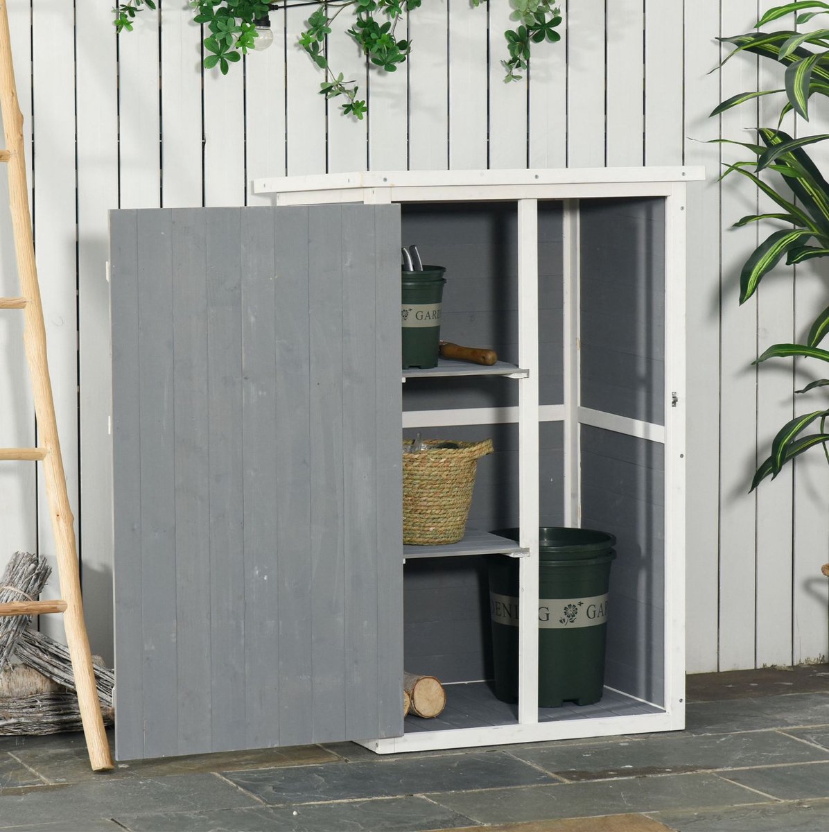 Opbergkast - 75 x 56 x 115 cm - Hout - Zwart Grijs Wit - Afsluitbaar met 2 binnenplanken voor tuin