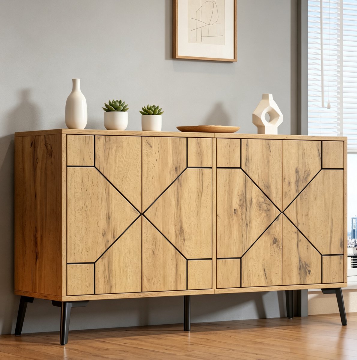MIVRAY Dressoir - 4 Deuren Met Duwsluiting En Geometrisch Motief - Voor Woonkamer Keuken En Hal - MDF En Metaal - 120x35x69 Cm - Naturel